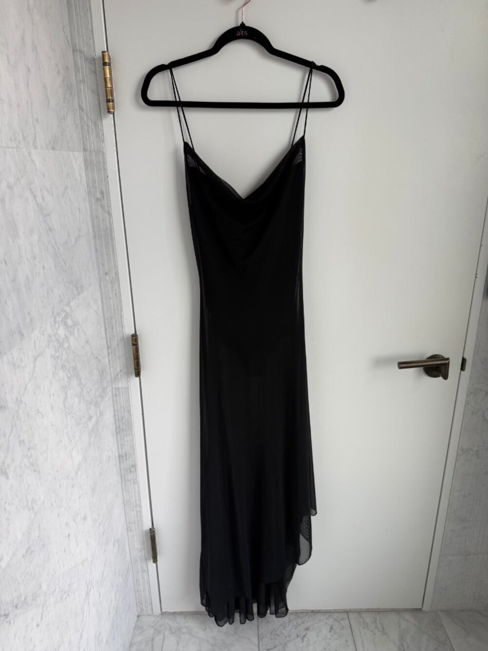 Zara Sheer Maxi Dress – Black, Cowl Neck, Built-In Bodysuit, Size M